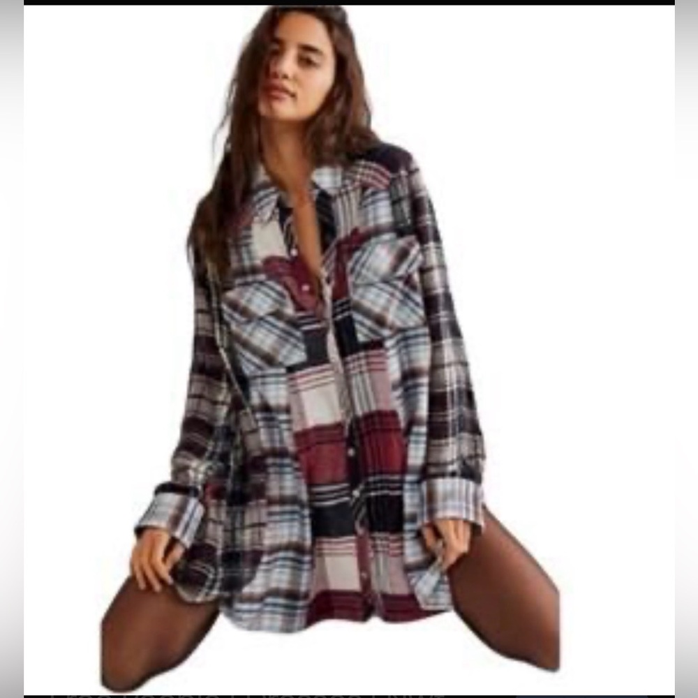 Free People Plaid Mini Dress/oversized shirt -Red,Black,White~sequins detailing